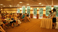 The Contiki tour managers Paola Catalano and Silvia Filippucci at the intro meeting in Athens.